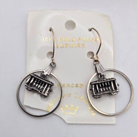 Vintage Trolley Car Charm Dangle Earrings 14k Gold Filled‎ French Wires - Picture 3 of 4